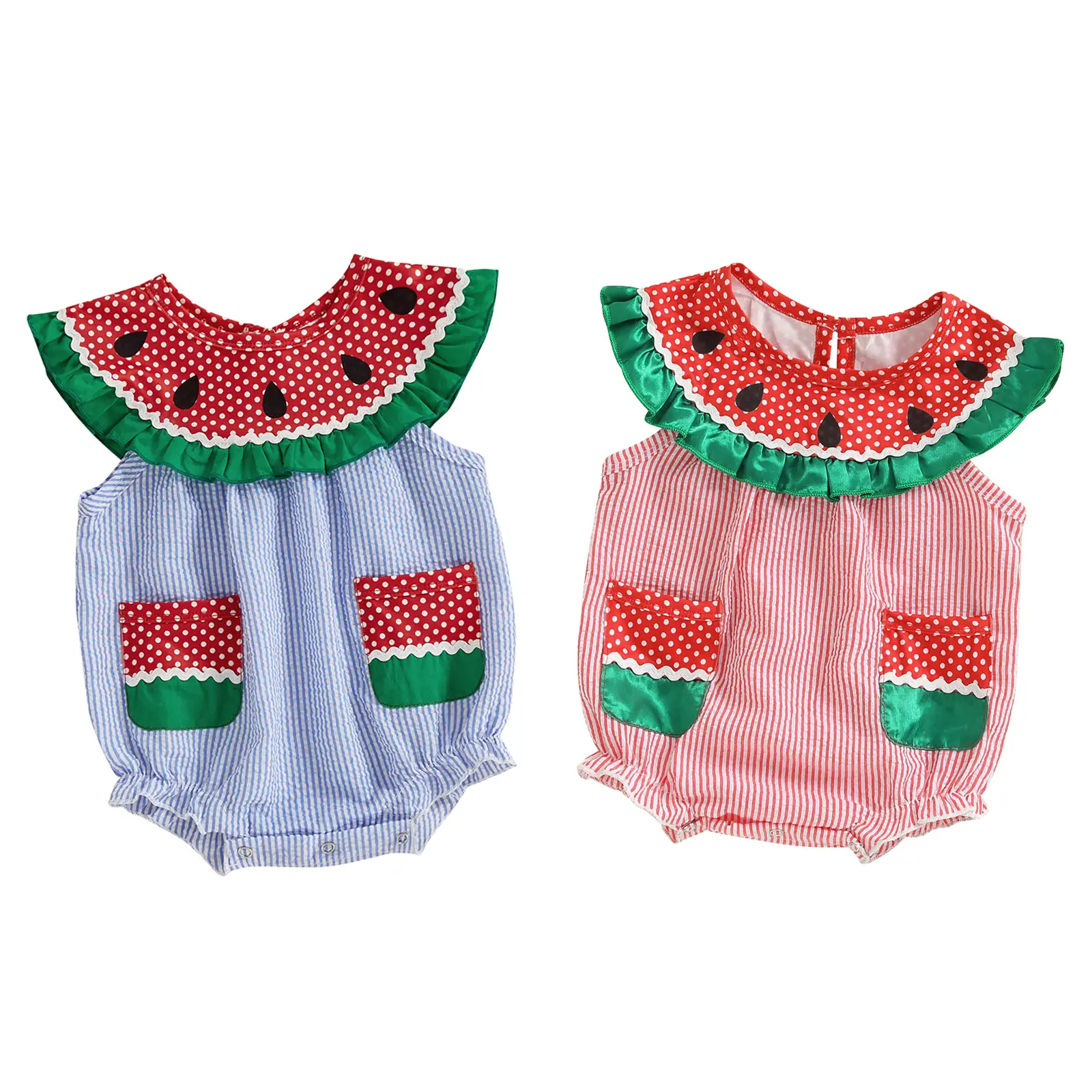 Newborn Baby Girl Watermelon Romper Sleeveless Ruffle Smocked Bubble Bodysuit with Pockets Cute Summer Outfits 0-3 Years #Springtok