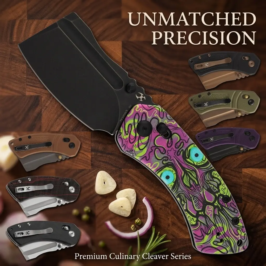 KANSEPT Korvid V Folding Kitchen Cleaver - Rose Gold Coated D2 Blade, G10 Handle, Double Sided Clip - Koch Tools Designed Kitchenware for Cutting, Cooking Knives