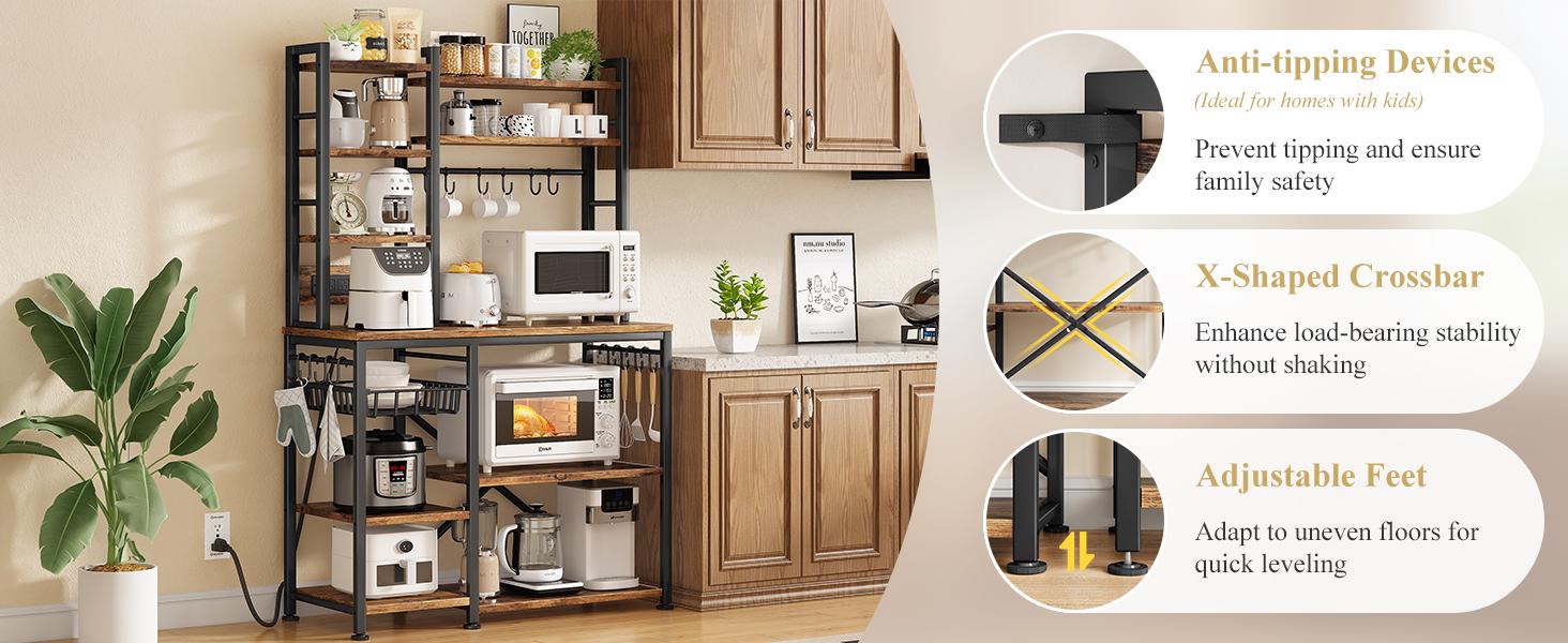 SNTD Baker Rack with Power Outlet - Microwave Stand with Storage, Large Coffee Bar Station with 14 Hooks, Metal Kitchen Shelf Rack for Spices, Pots (Rustic Brown) | with Power Outlet, with Storage, with 14 Hooks, for Spices, for Pots