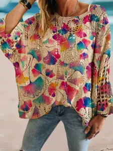Women's Printed Long Sleeve Knit Top, Elegant Vacation Hollow Out Batwing Sweater, Casual Loose-Fitting Beach Cover-Up