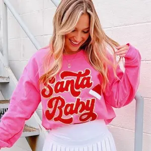 'Santa Baby' Chenille Patch Crewneck Sweatshirt - Pink Festive Pullover for Christmas Outings & Holiday Wardrobe