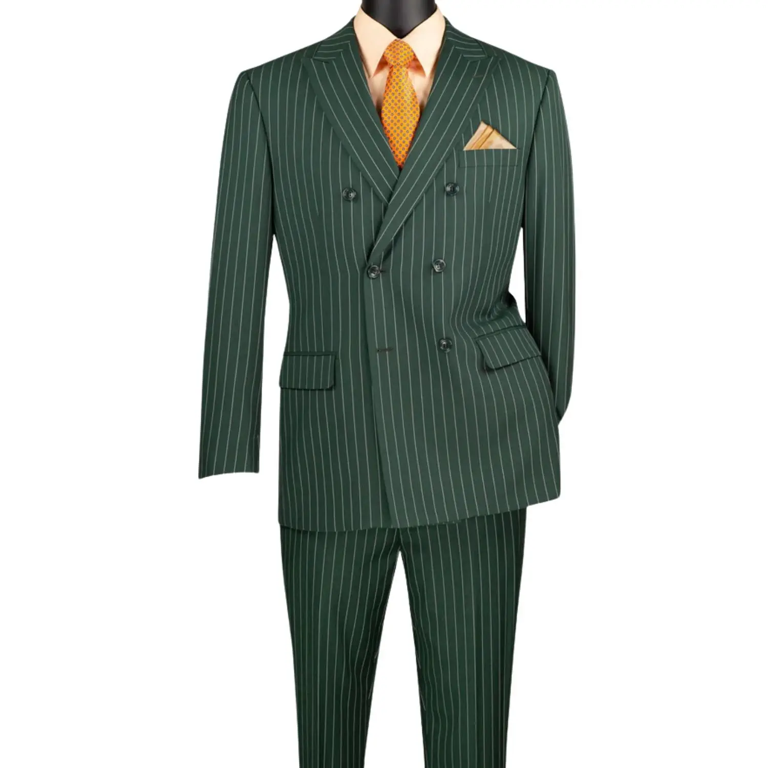 Men’s Gangster Stripe Double-Breasted 2-Piece Suit Peak Lapel - Hunter Green