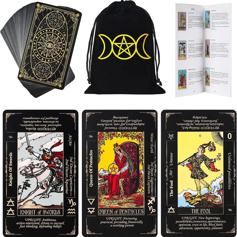 78-Card Classic Unisex Tarot Cards - 400 gsm Tough Durable Paper Fortune-Telling Deck for Beginners, with Guidebook, Interpretations, Double-Layer Carrybag, Tutorial, Black Spiritual Item, Great Gift for Birthdays, Holidays