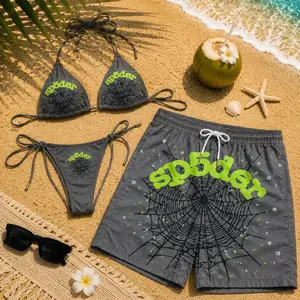 Sp5der Web Bikini Set Women Gray Neon Green Halter Triangle Top Tie Side Bottom + Men Swim Trunks Matching Couple Swimsuit Y2K Streetwear Aesthetic Beach Pool Party Summer Vacation