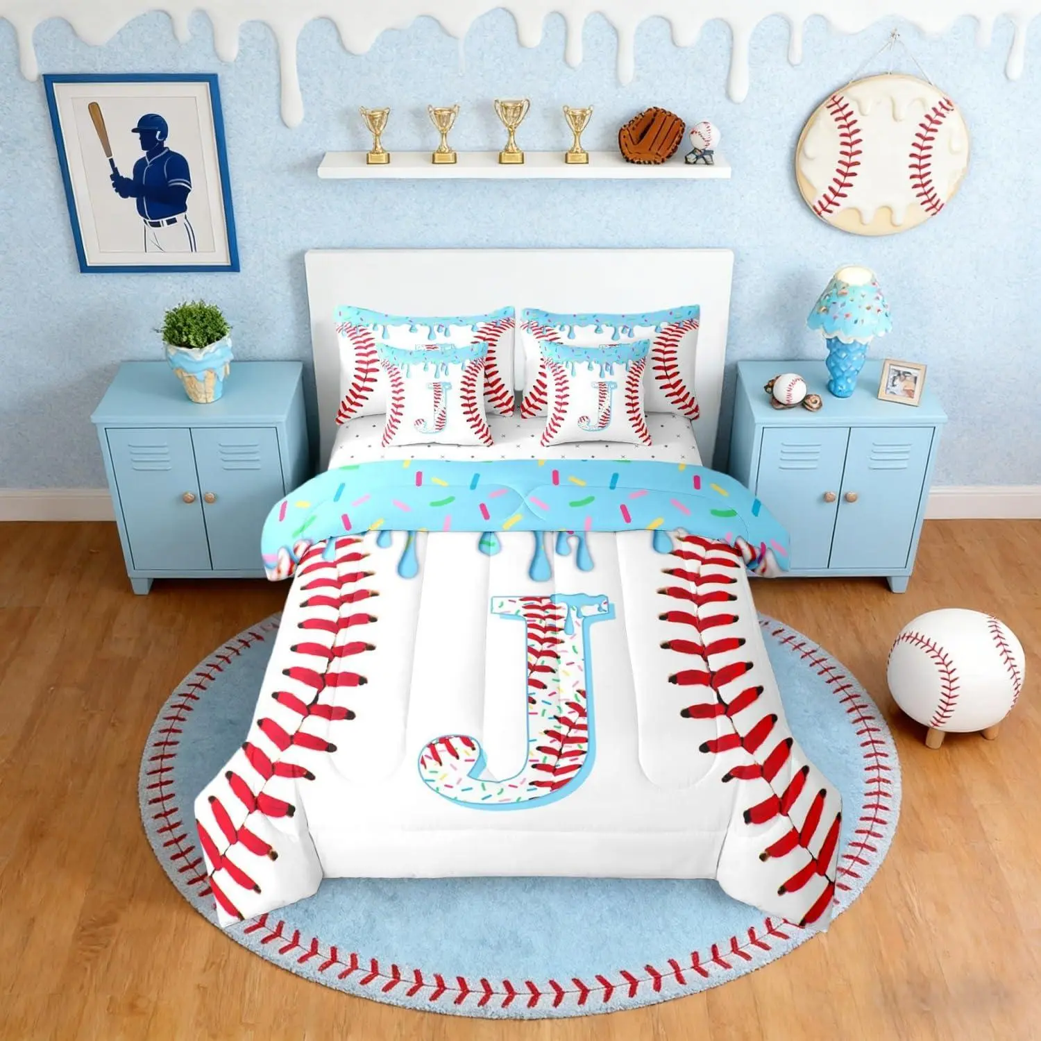 Blue Ice Cream Drip Comforter Set Alphabet J Baseball Bedding Set 7 Pcs Ball Sports Games Bed in A Bag with Sheets All Season Dessert Sweet Cream Candy Bed Sets