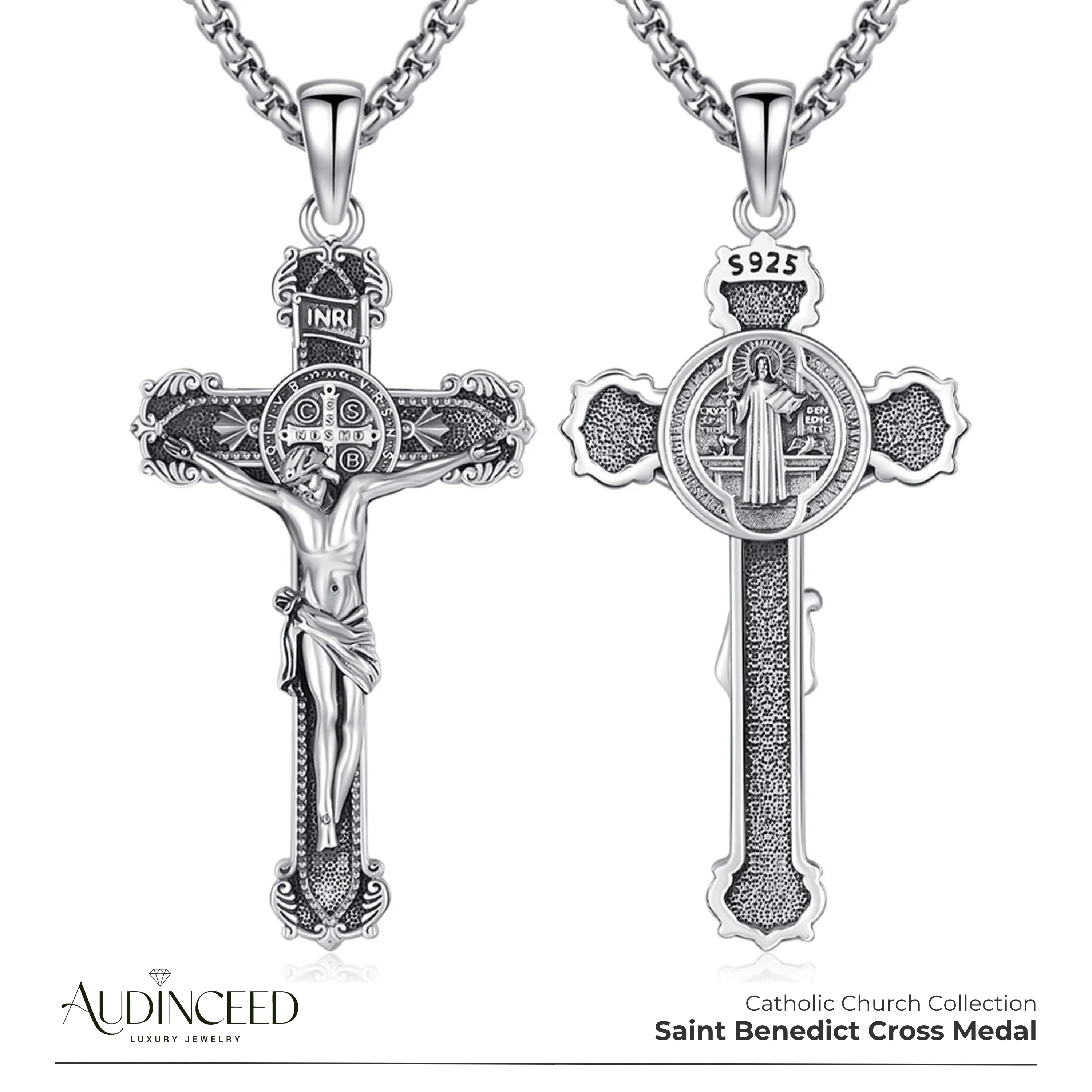 Audinceed St. Saint Benedict Cross Medal Necklace, Solid S925 Sterling Silver Luxury San Benito Plata 925 Silver Necklace Pendant Catholic Religious Faith Protection Blessed Jewelry Gift For Fathersdaygift Men Women Kids Teen
