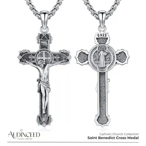 Audinceed St. Saint Benedict Cross Medal Necklace, Solid S925 Sterling Silver Luxury San Benito Plata 925 Silver Necklace Pendant Catholic Religious Faith Protection Blessed Jewelry Gift For Fathersdaygift Men Women Kids Teen