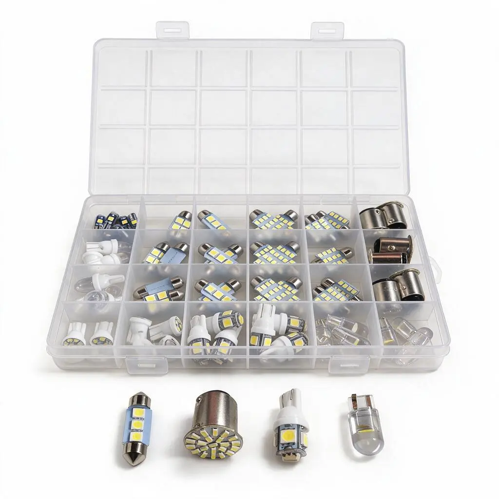 60PCS Automotive LED Bulb Assortment Kit - 10 Sizes, 6000K White, 12V, T10/T5/Festoon/1157 Replacement Bulbs for Car Interior Lighting (Dome, Map, License Plate)