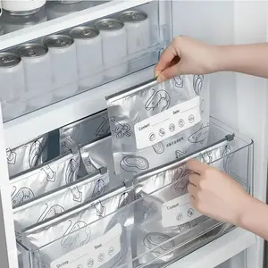 New reusable upright aluminum foil sealing storage bags, Stackable fridge organizer, Kitchen Accessories, with labels and zipper locks, suitable for washable kitchen items like vegetables, fruits, and meat, perfect for Thanksgiving, Christmas gifts