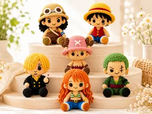 Anime Pirate Crochet Keychain Set, Handmade Amigurumi Plush Bag Charms, Cute Straw Hat Captain & Reindeer Doll Gift for Anime Fans