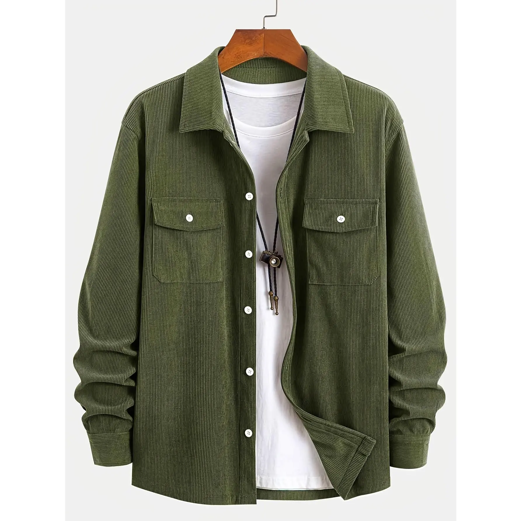 Men's Casual Corduroy Overshirt, a Long Sleeve Collared Button-Down Shirt Jacket with Dual Chest Pockets for Spring and Fall, Fabric, Menswear, Tops, Longsleeves, Polyester