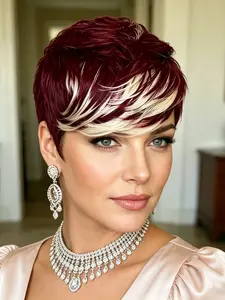 Short Pixie Cut Wigs Highlight RED/613 99j/613 Color, Human Hair Wig with Bangs, Full Machine Made for Women, Stylish and Versatile, Natural Looking Wig, Stylist Friendly Wig