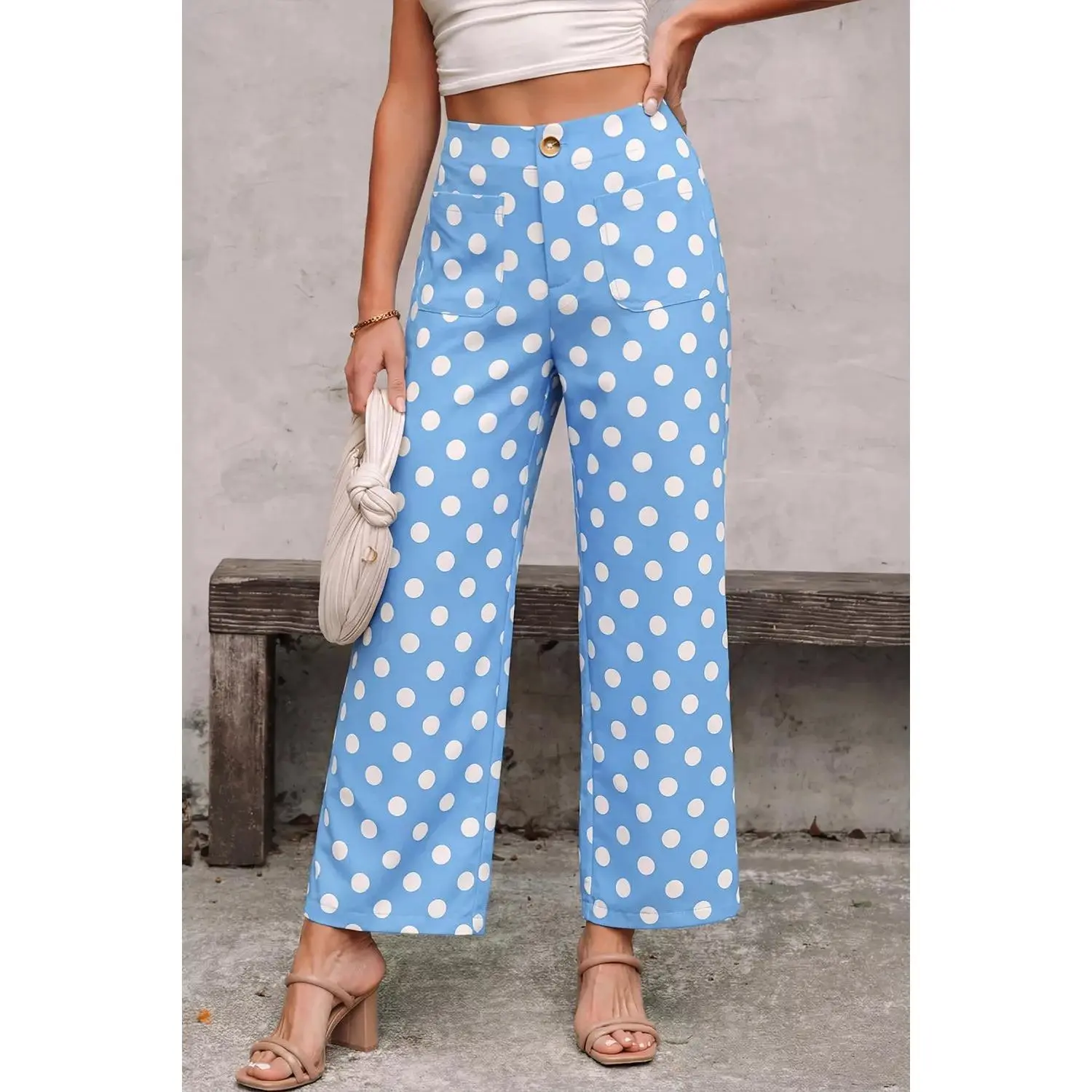 Polka Dot Print Patched Pocket Mid-rise Straight Leg Pants