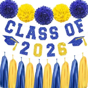 Blue Yellow Class Of 2026 Graduation Banner Pom Poms Flowers Paper Tassel Garland Decoration College Grad Party Supplies