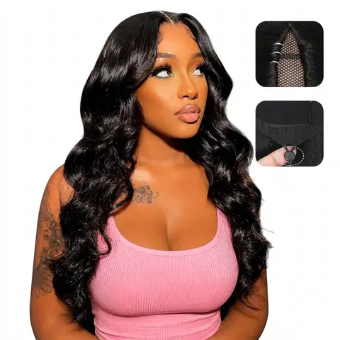 V Part Body Wave Wig for Women Glueless Human Hair Wigs 100% Virgin Brazilian Hair Upgrade No Leave Out No Sew In V Shape Clip In Half Wig Drawstring Natural Black Heat Resistant 180 Density Beginner Friendly Long Hair extensions Daily Party Wear