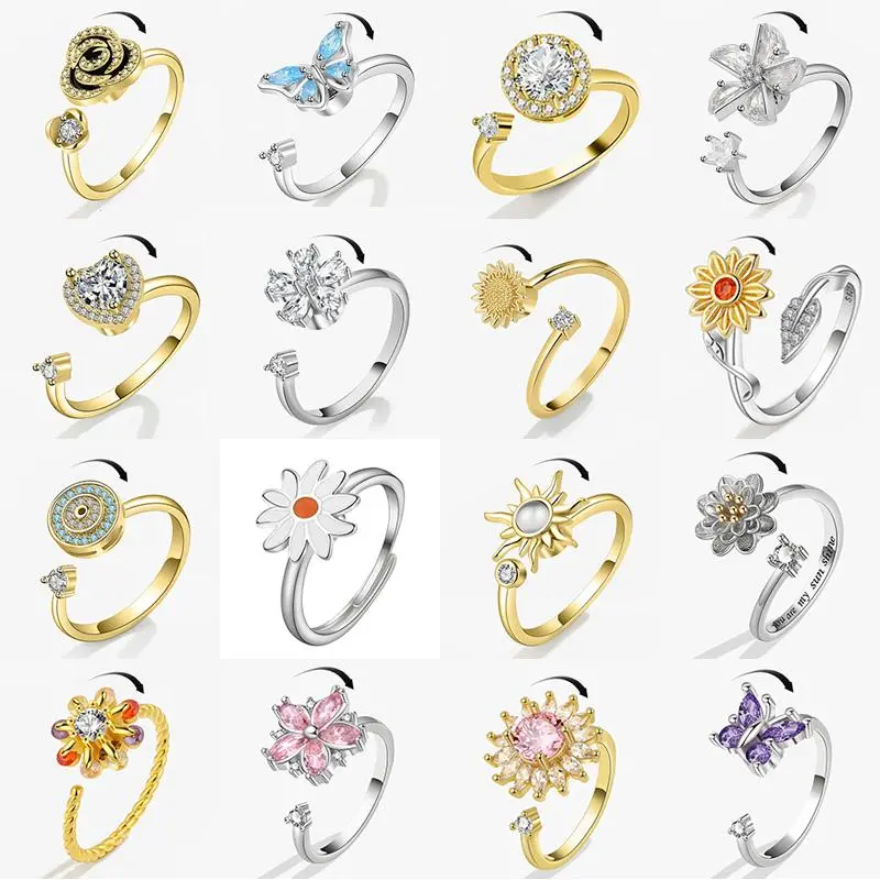 Luxury Butterfly Sunflower Fidget Spinner Ring Anxiety for Women Crystal Flower Anxiety Finger Rings Anti Stress Wedding Jewerly