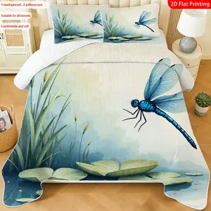 3pcs, 2D flat print Watercolor Dragonfly & Lily Pad Quilted Bedspread Set, multiple sizes available, bedding set, festive decorative bedding, ideal for bedroom décor(1 bedspread , 2 pillowcase)