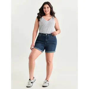 BLOOMCHIC Women's Plus Size Cotton Fabric Lady Garment, Stretchy Button-Accented Folded Hem Skinny-Fit Denim Shorts [M-6X] - 2026 Summer Vibes Swimweek
