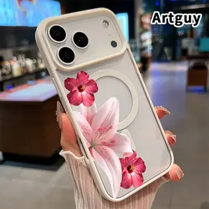 Compatible with iPhone 17 16  Pro Max Plus 15 14 13 12 11 Air E Magnetic Case Floral Elegance Harmony Pattern Acrylic Transparent Four Corner Shock-absorbing Airbag Smartphone Cover