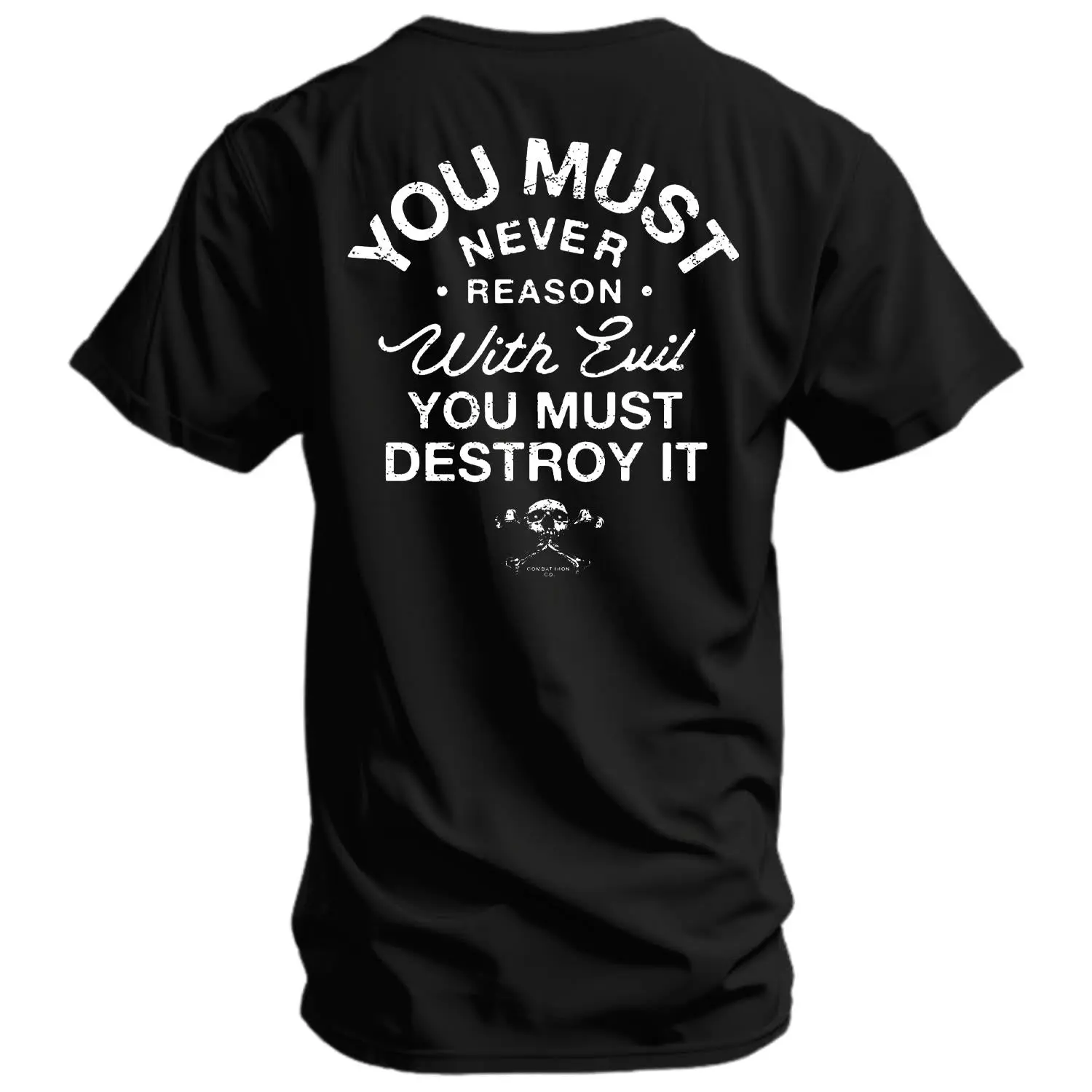 COMBAT IRON Menswear Short-Sleeve Men's Cotton Printed Graphic Top - Work-to-Gym Wear, Athletic-Casual Fabric, "You Must Never Reason With Evil You Must Destroy It" Print