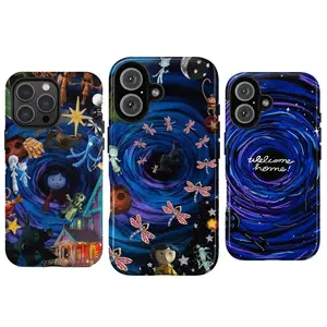 Whimsical Coraline Phone Case for iPhone ProMax Plus Air&Samsung Ultra,Creepy Cute Button Eye & Black Cat, Blue Night Sky, Spooky Galaxy, Creepy Cute Gift for Movie Fans Dark Fantasy Movie