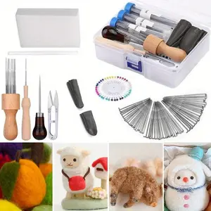 1 Set Needle Felting Tools Including 60 Needle Punching Felt Needles, Foam Cushion, Wood Handle, Scissors, Sewing Hand Tools Fashion Accessories