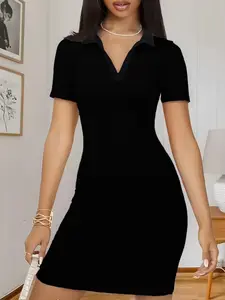 French Elegance Minimalist Polo Neck Dress, Waist Cinched Slim Fit Bodycon Skirt, Commuter Date Two-In-One Trendy Choice