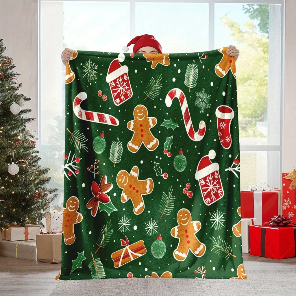 1pc Christmas Flannel Blanket with Red, Green, White, and Black Candy Cane and Peppermint Pattern | Cozy Winter Christmas Decoration Flannel Blanket - The Perfect Christmas Gift Blanket for Family and Friends - Soft Flannel with HD Digital Printing