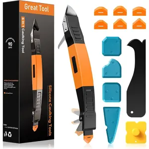 6 in 1  Caulking Tool Kit with Caulk Grout Remover Tool Sealant Finishing & Smoothing Tool, Grout Scraper, 6  Pads and Adhesive  Scraper for Kitchen Bathroom Tile Sink (Orange)