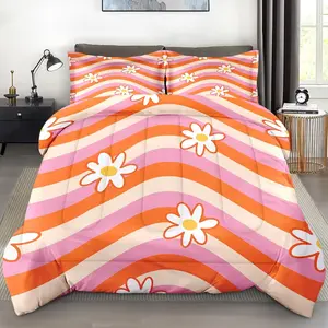 Comforter Queen Size, Daisy Retro Orange 3 for and Adults, Pink Hippie Aesthetic Comforter with 2 Pillowcases, for Bedroom Decor