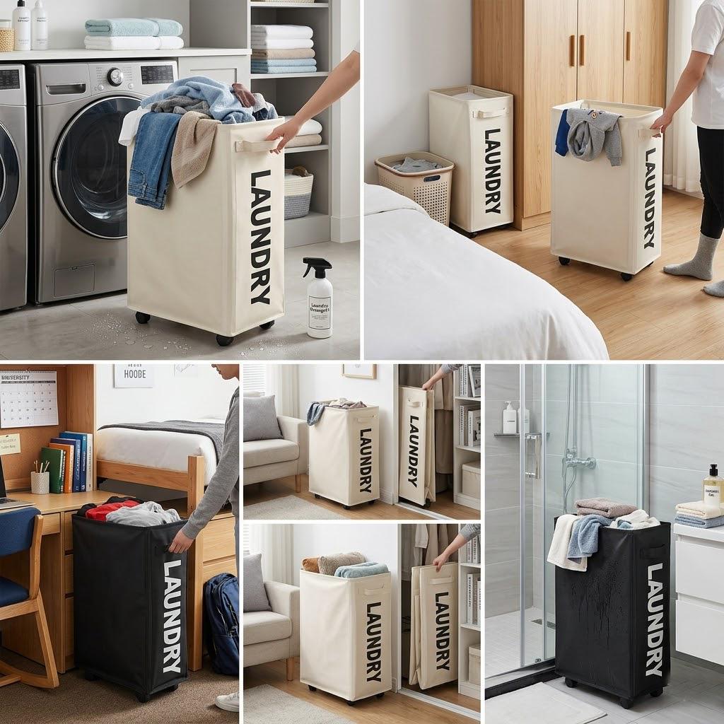 Laundry Basket Wheels 75L with Removable Mesh Bag Waterproof Oxford Cloth Suitable for Bedroom Dormitory Clothing Storage Basket