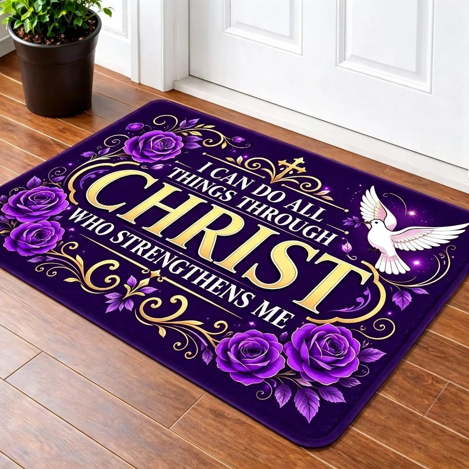 1pc Christian Purple Rose Cross Doormat I Can Do All Things Through Christ Who Strengthens Me Scripture Door Mat Non Slip Absorbent Floor Mat for Entrance Front Door Porch Church Home Decor Religious Faith Gift for Believers