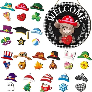 Highland Cow Welcome Sign Interchangeable Seasonal Wooden Door Hanger – Great Gift for Farmhouse Lovers