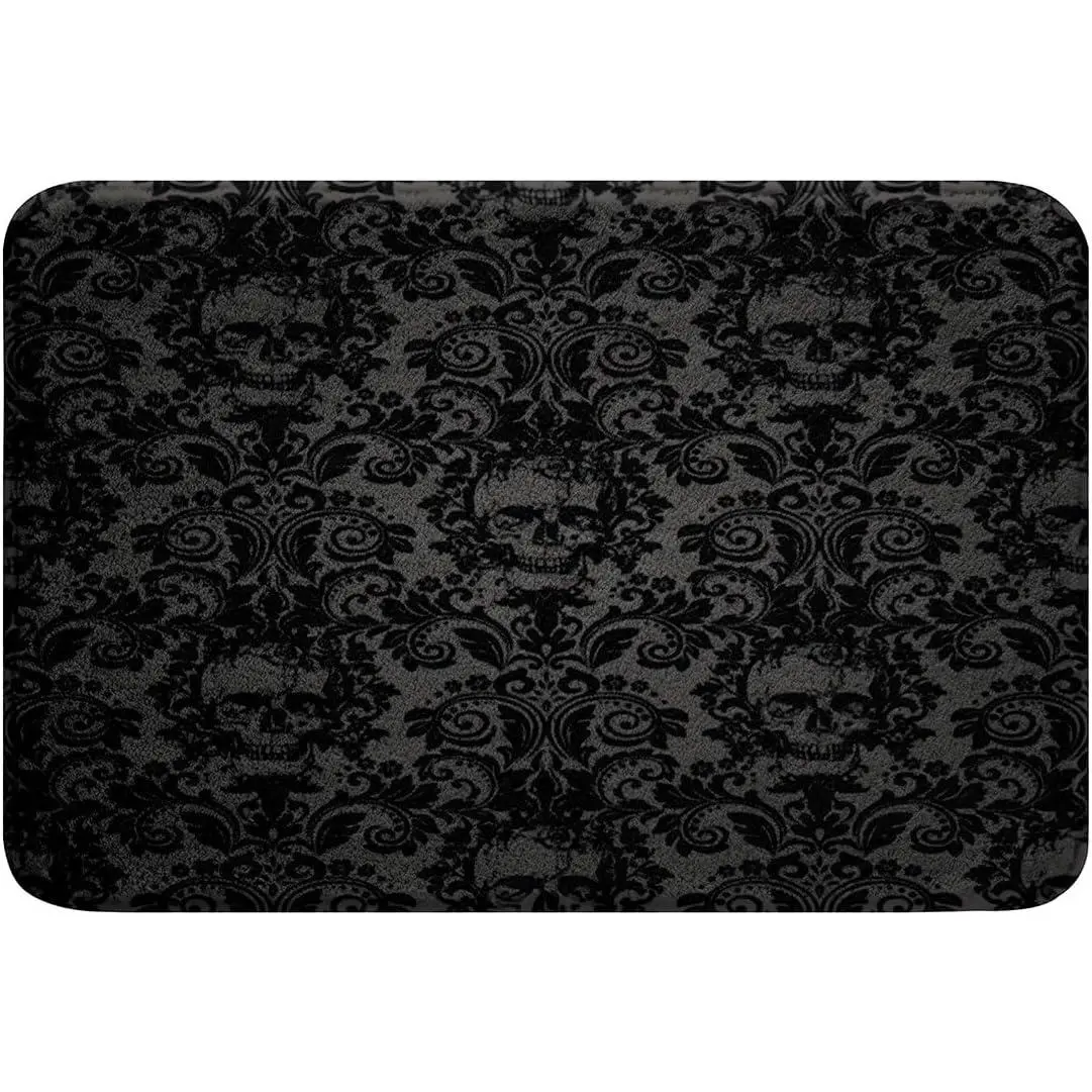 Adults Gothic Bathroom Rugs Dark Olive Green Damask Bath Mats Skull Bohemia Boho Bathroom Accessories Goth Vintage Victorian Baroque Floral Floor Doormats