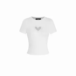 Cider Slim Fit White Cropped Tee with Sparkly Heart Rhinestone Detail - Daily Wear Short Sleeve Shirt