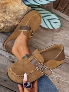 Women's Leopard Print Suede Mule Slippers, Metal Buckle Thick Sole, Retro Casual Half Slipper, Comfortable All Season Shoes, Casual Shoes Clogs