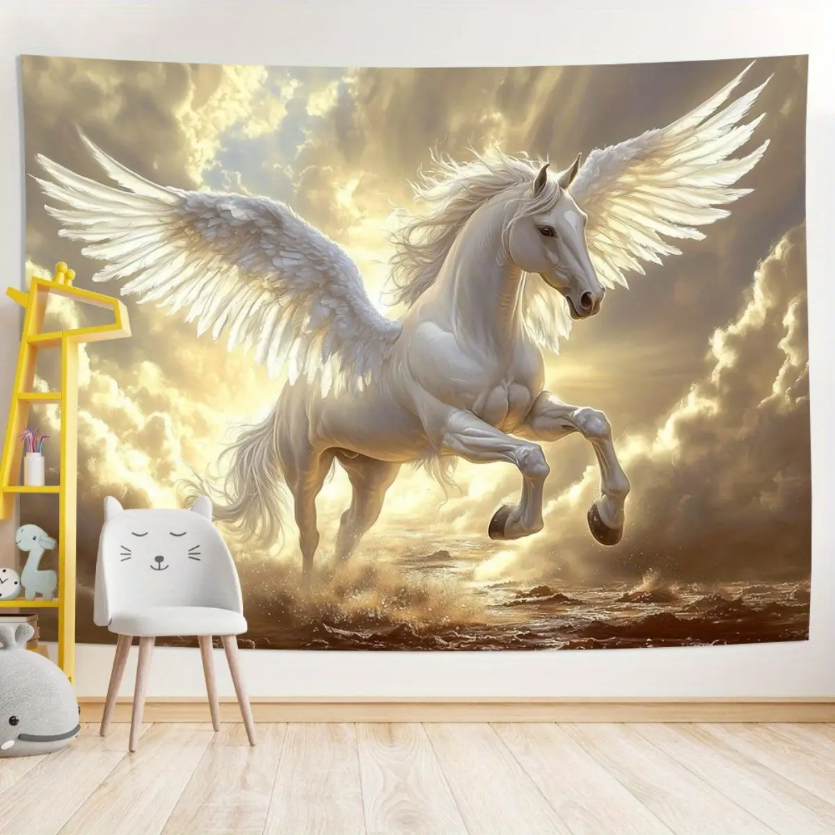 Winged Horse Tapestry, Majestic Horse Flying over Clouds, Polyester Fabric, Home and Office Decor