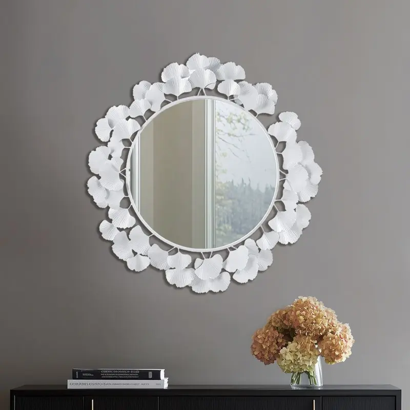 Round Wall Mirror 30.5 Inch White Gingko Leaf Frame Decorative Hanging Mirror for Living Room Bedroom Entryway Hallway Boho Home Decor Accent Mirror