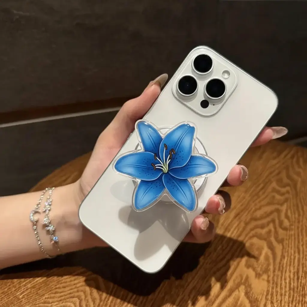 Blue Lily Flower MagSafe Phone Grip – Magnetic Pop Socket
