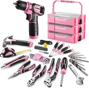 WORKPRO Pink Tool Set with Drill, 43PCS Power Drill Set with Toolbox, 8V Lithium-ion Cordless Drill and Bits, 2.0 Ah Portable Electric Screwdriver Home Tool Set with Stackable Box- Pink Ribbon