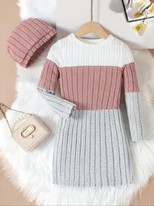 Girl's Colorblock Print Dress ＆ Cap, Casual Long Sleeve Crew Neck Dress for Spring & Fall, Kids Clothes for Daily Wear