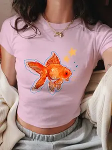 Women's Slim-Fit Crop Top, Animal Letter Star Print, Casual Minimalist Streetwear Style, Everyday All-Season Wear, Moderate Fabric Thickness, Knit