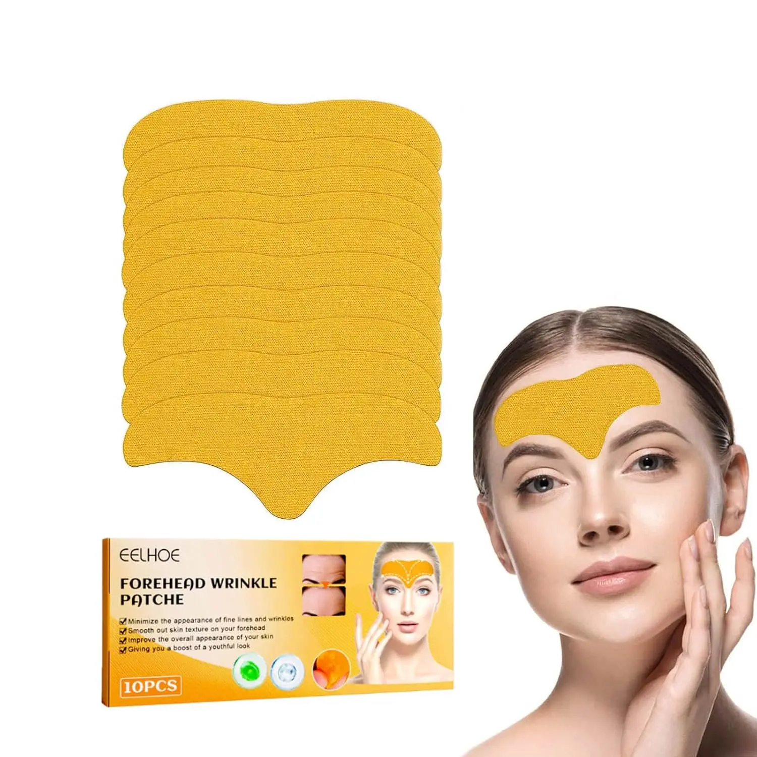Forehead Wrinkle Patches with Hydrolyzed Collagen, Anti-Aging Smoothing Moisturizer Treatment for Fine Lines, Overnight Use, 10 Count, Hydrating, Gentle Repair, 10 Pieces, Collagen Boost, Firming/Lifting, Nourishing, Centella Asia