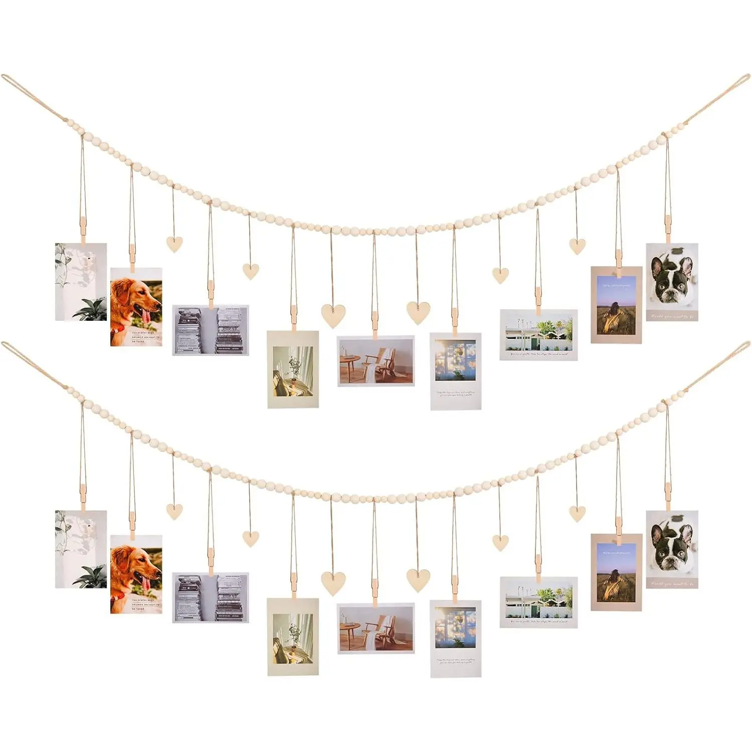 Hanging Photo Display Room Wall Decor, Boho Collage Picture Frame Christmas Cards Holder with 9  Clips and 6 Wooden Hearts Tags, Xmas Card Display for Bedroom, Office, , Dorm Decor, 2 Pack