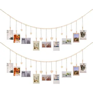 Hanging Photo Display Room Wall Decor, Boho Collage Picture Frame Christmas Cards Holder with 9  Clips and 6 Wooden Hearts Tags, Xmas Card Display for Bedroom, Office, , Dorm Decor, 2 Pack
