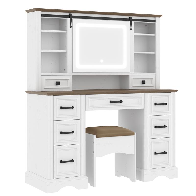 Bellemave 47.2" Farmhouse Makeup Vanity Desk with Sliding LED Mirror, Large Vanity Set, 9 Drawers, Charging Station, White & Brown