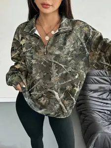 Women's Hooded Half-Zip Casual Collared Round Neck Long Sleeve Sport Top Full Print Leaf Pattern Digital Printing Loose Fit Fall Winter Pullover Sweatshirts Hoodie Activewear, Elevated Basics, Cozy Comfort