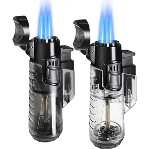 Torch Lighter Refillable Butane Triple Torch Lighters Jet Flame Gas Lighter Pocket Lighter for Camping Grill Fireplace Camping (Without Fuel) 2 Pack,Black