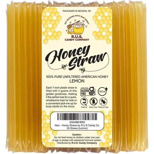 25 Pack Honey Sticks For Tea, Snacking, Honey Straws Packets Single Serve Stir Sticks, Natural Flavor by R.U.S Candy Company- (Lemon)