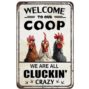 "Welcome To Our Coop" Funny Chicken Metal Sign - Farmhouse Chicken Coop Decor | Cluckin' Crazy Rooster Wall Art | 12x8 Inch